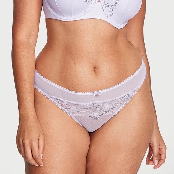 Victoria's Secret Body By Victoria Shimmer Lace-Front Thong Panty Lavender XS - Picture 5 of 7